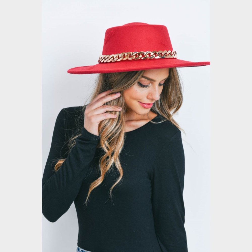 Red Wide Brim Bolero Felt Fedora Panama Hat with a Fashionable Gold Chain Accent - Picture 6 of 12